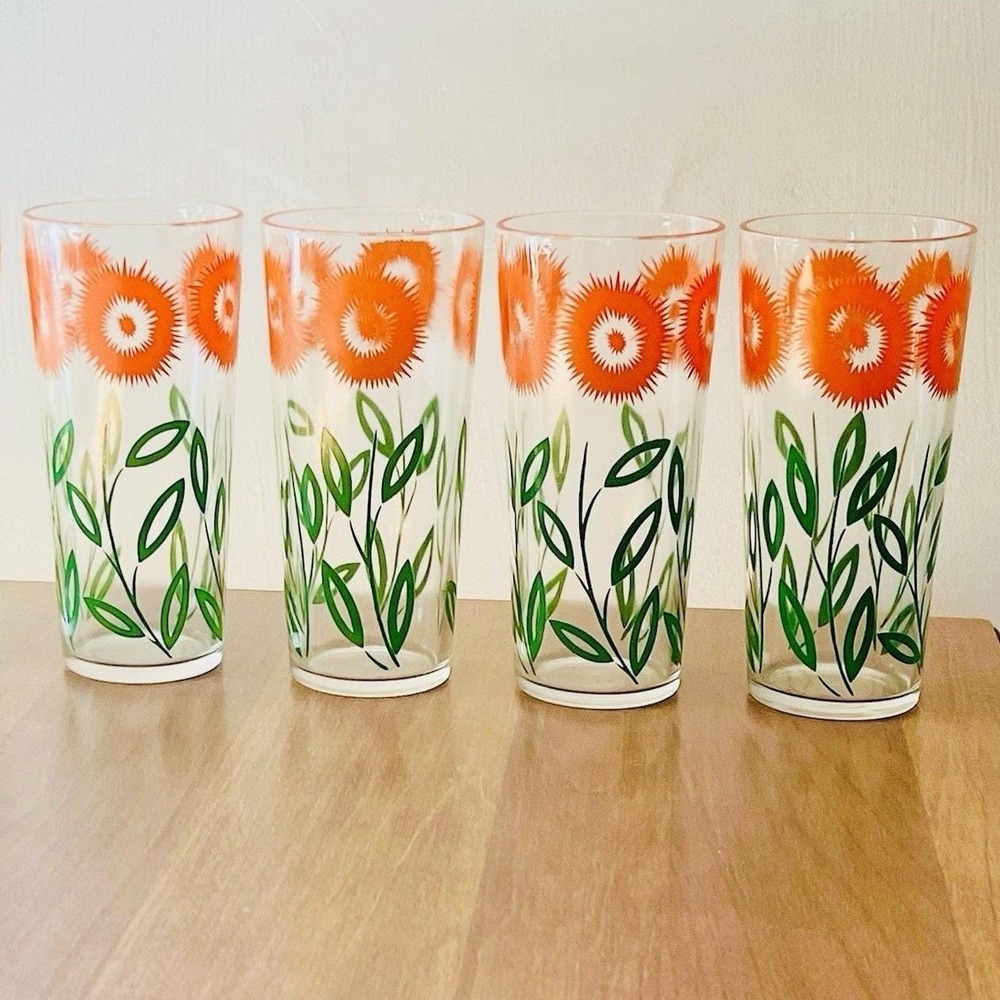 Vintage Set/4 MCM Summer Drinking Glass Highball Tumblers‎ Orange Green Flowers